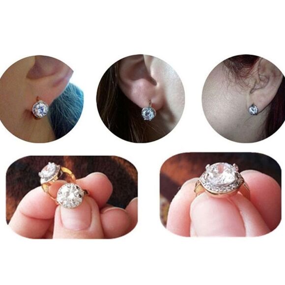 14K Yellow Gold with White Diamond Cubic Zirconia Halo Huggie Hoop Drop Earrings - Picture 13 of 13